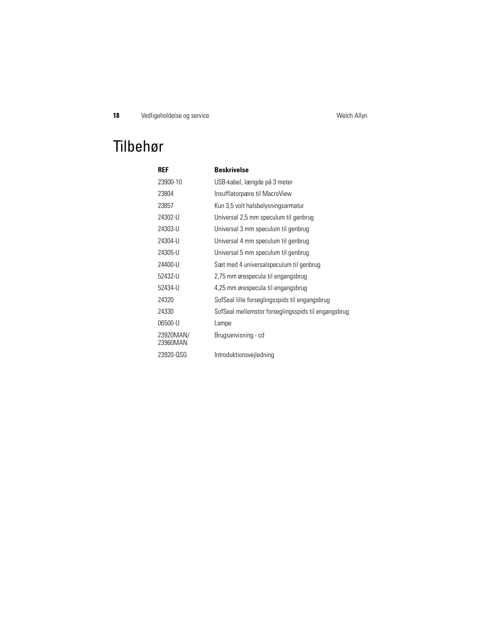 Tilbehør | Welch Allyn Digital MacroView Otoscope - User Manual User Manual | Page 186 / 476