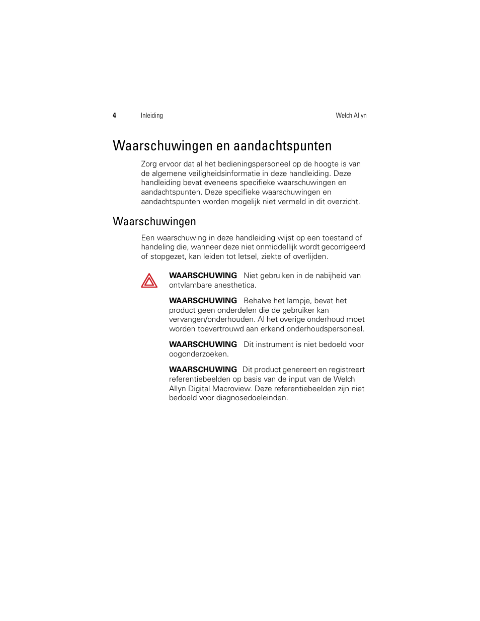Waarschuwingen en aandachtspunten, Waarschuwingen | Welch Allyn Digital MacroView Otoscope - User Manual User Manual | Page 204 / 476