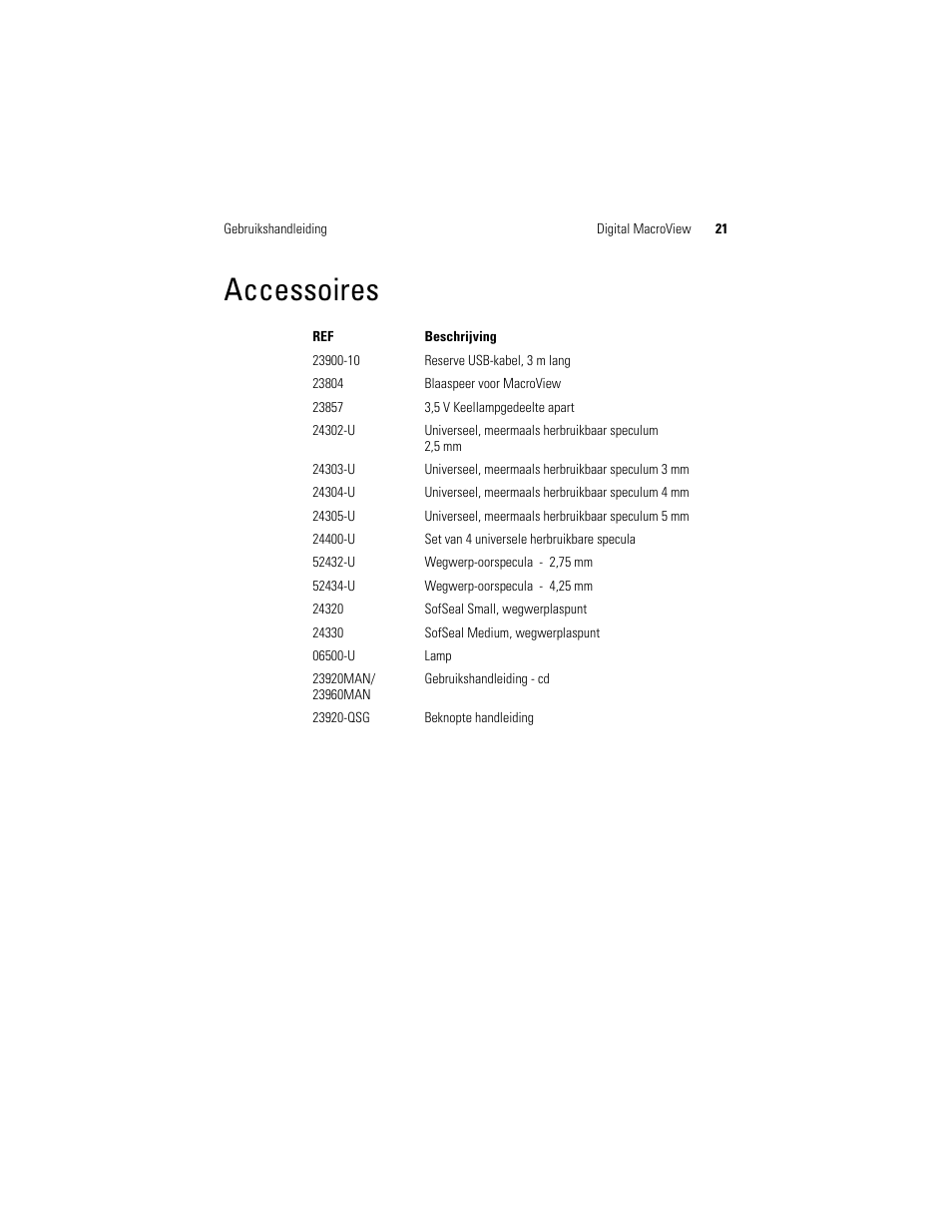 Accessoires | Welch Allyn Digital MacroView Otoscope - User Manual User Manual | Page 221 / 476