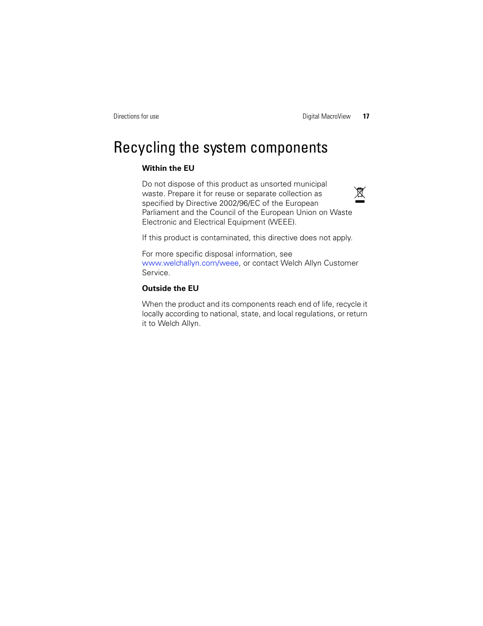 Recycling the system components | Welch Allyn Digital MacroView Otoscope - User Manual User Manual | Page 25 / 476