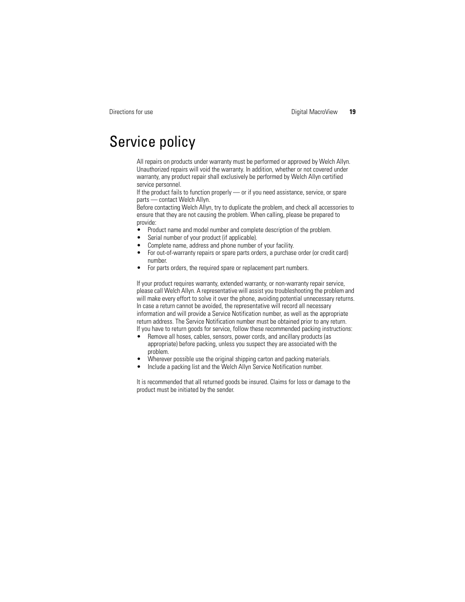 Service policy | Welch Allyn Digital MacroView Otoscope - User Manual User Manual | Page 27 / 476
