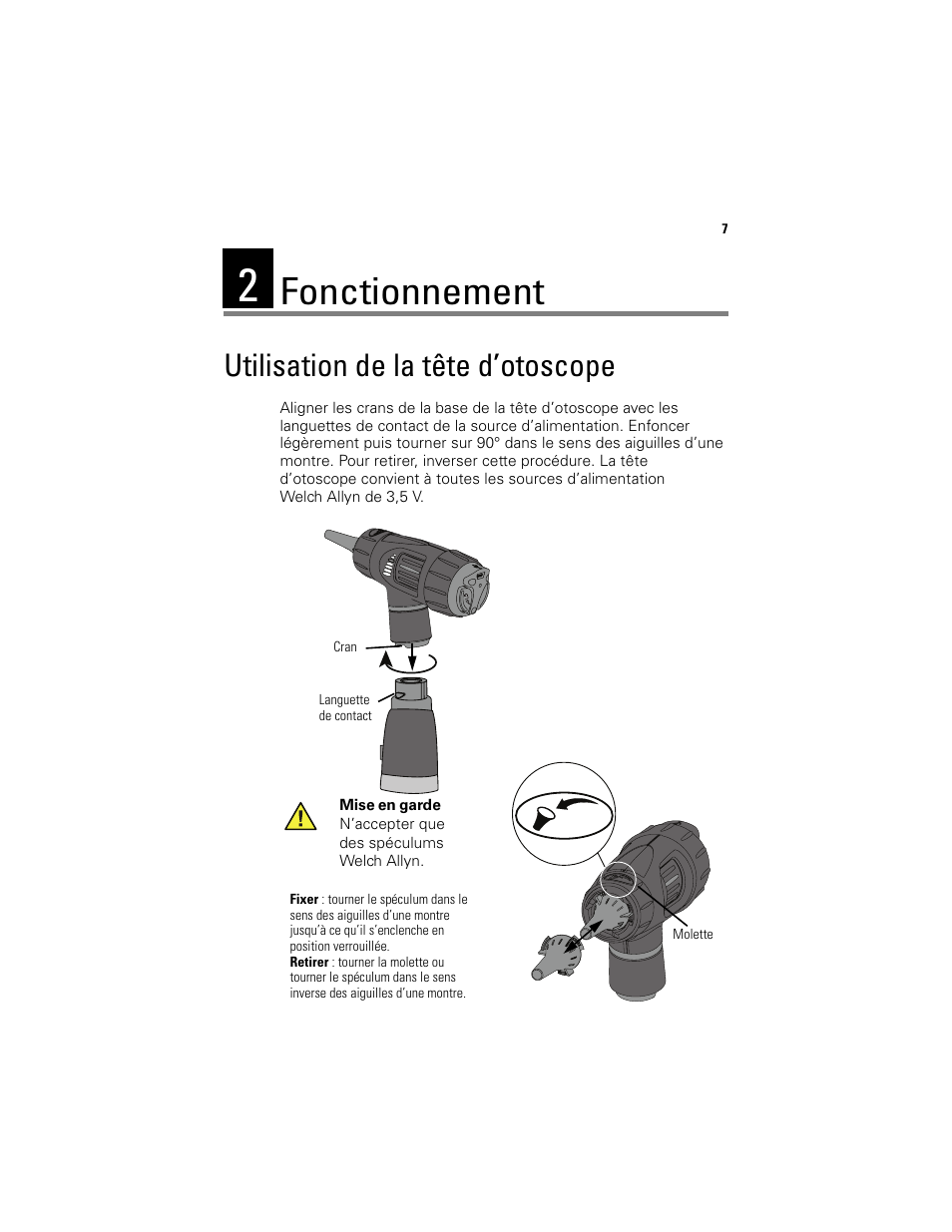 Fonctionnement, Utilisation de la tête d’otoscope | Welch Allyn Digital MacroView Otoscope - User Manual User Manual | Page 273 / 476