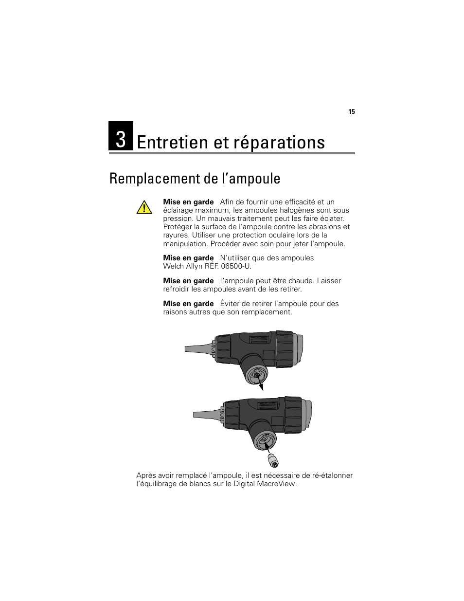 Entretien et réparations, Remplacement de l’ampoule | Welch Allyn Digital MacroView Otoscope - User Manual User Manual | Page 281 / 476