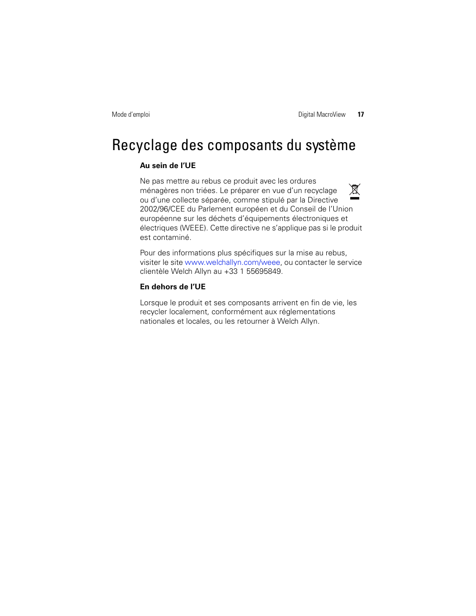 Recyclage des composants du système | Welch Allyn Digital MacroView Otoscope - User Manual User Manual | Page 283 / 476