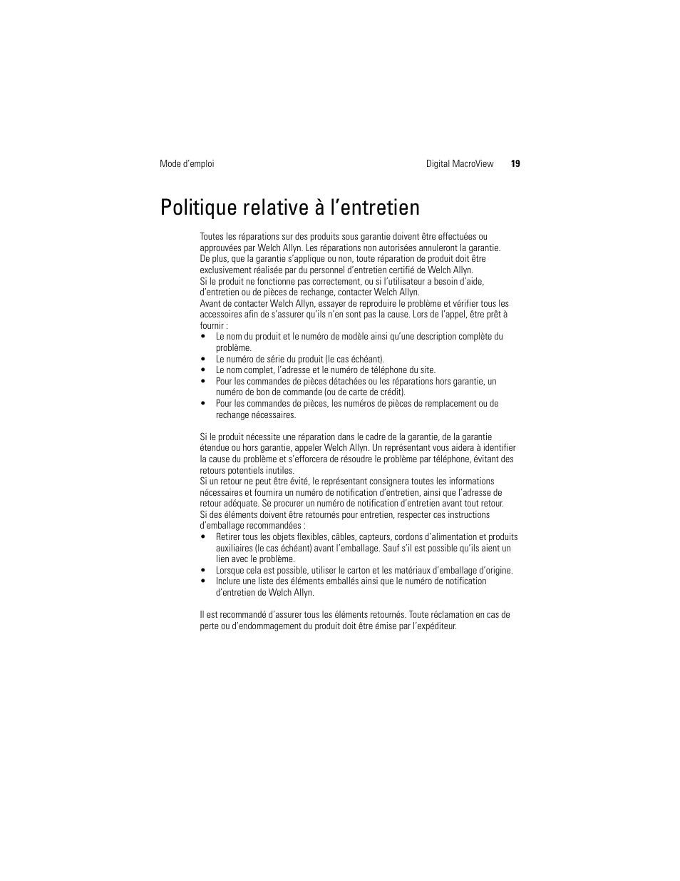 Politique relative à l’entretien | Welch Allyn Digital MacroView Otoscope - User Manual User Manual | Page 285 / 476
