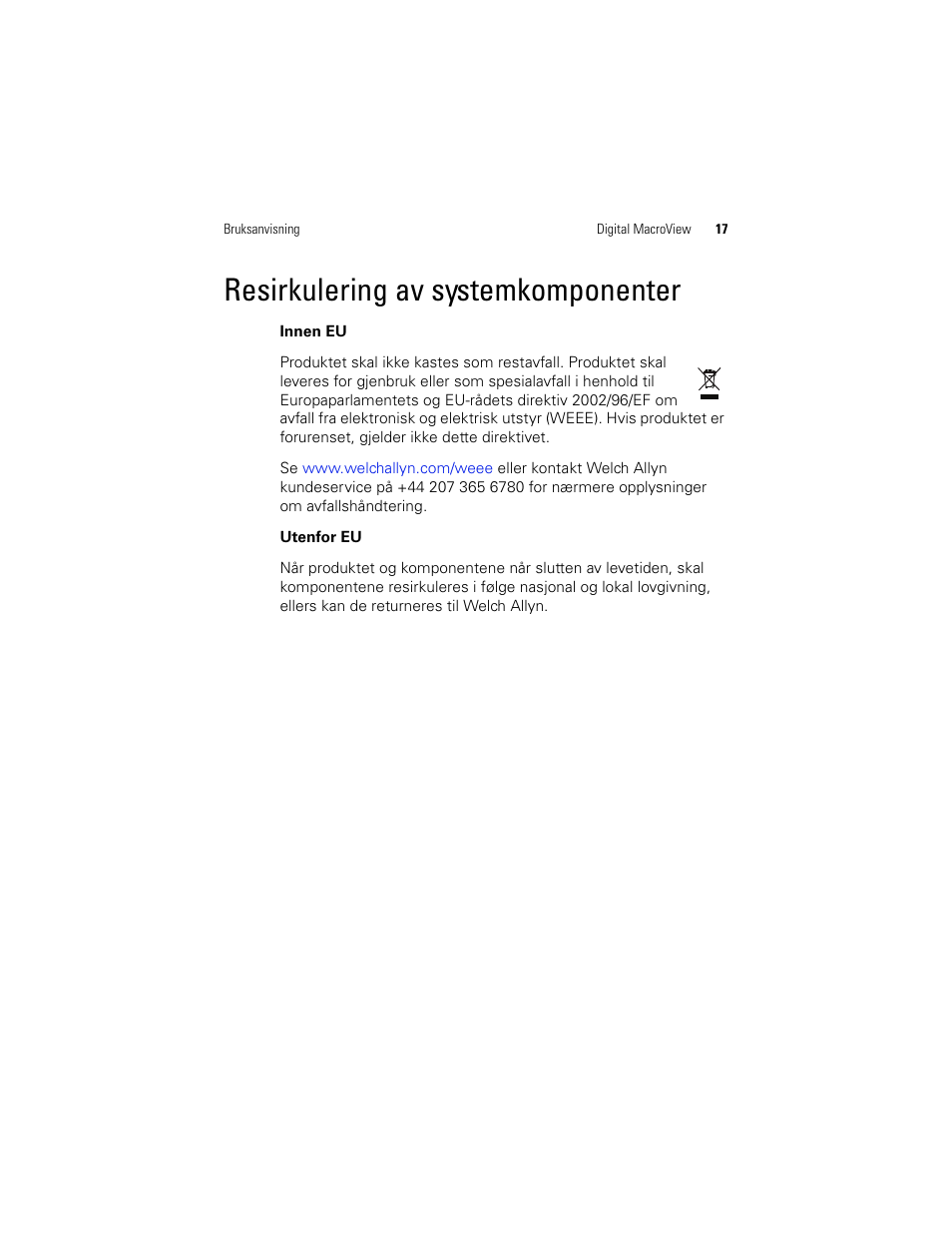 Resirkulering av systemkomponenter | Welch Allyn Digital MacroView Otoscope - User Manual User Manual | Page 315 / 476