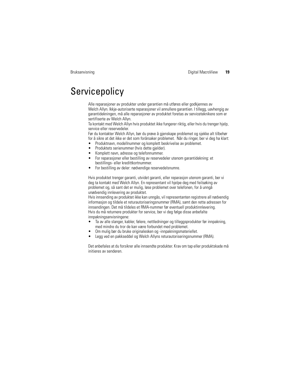 Servicepolicy | Welch Allyn Digital MacroView Otoscope - User Manual User Manual | Page 317 / 476