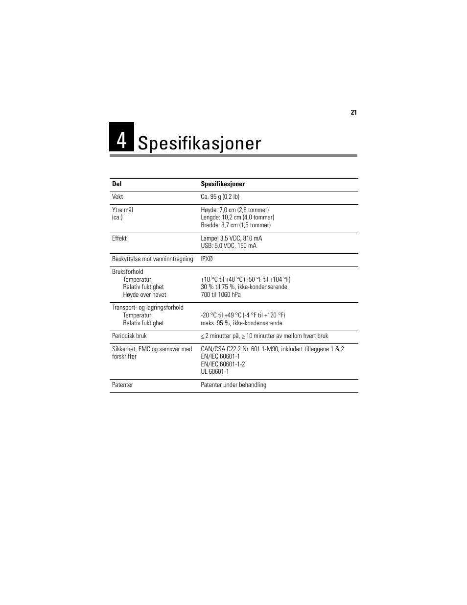 Spesifikasjoner | Welch Allyn Digital MacroView Otoscope - User Manual User Manual | Page 319 / 476