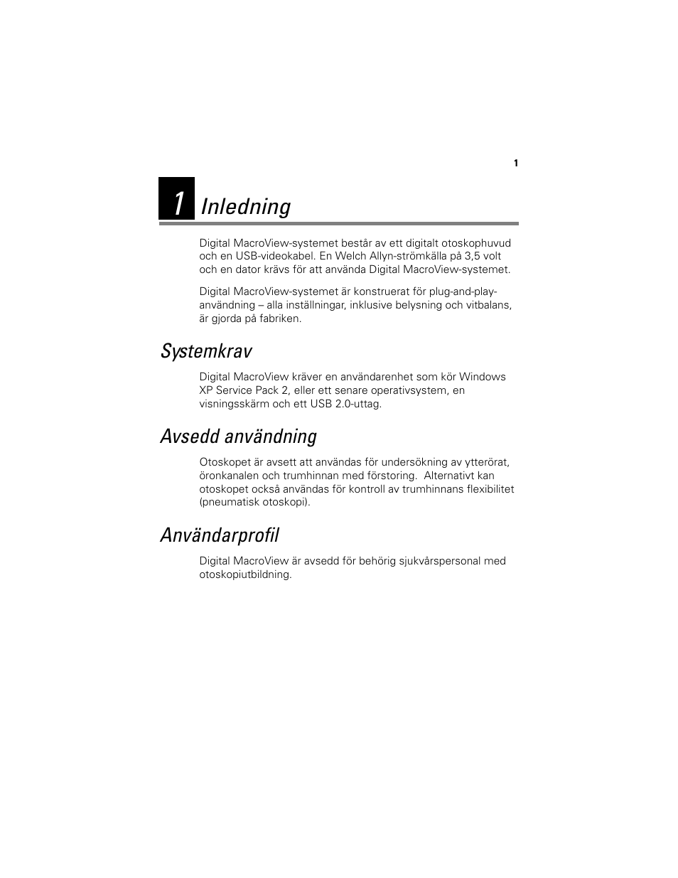 Inledning, Systemkrav, Avsedd användning | Användarprofil, Systemkrav avsedd användning användarprofil | Welch Allyn Digital MacroView Otoscope - User Manual User Manual | Page 331 / 476