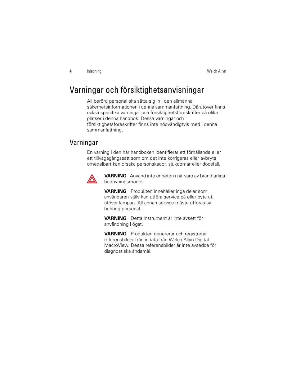 Varningar och försiktighetsanvisningar, Varningar | Welch Allyn Digital MacroView Otoscope - User Manual User Manual | Page 334 / 476