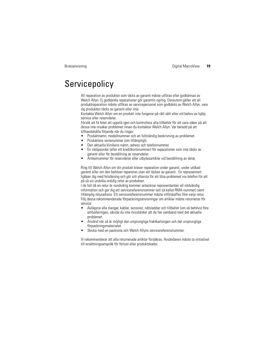 Servicepolicy | Welch Allyn Digital MacroView Otoscope - User Manual User Manual | Page 349 / 476