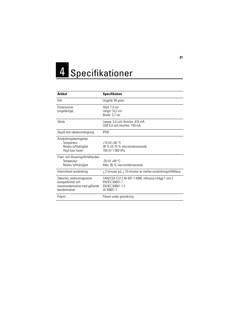 Specifikationer | Welch Allyn Digital MacroView Otoscope - User Manual User Manual | Page 351 / 476