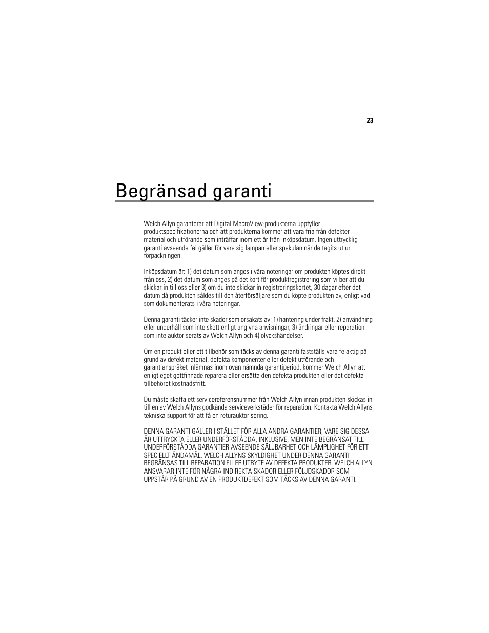 Begränsad garanti | Welch Allyn Digital MacroView Otoscope - User Manual User Manual | Page 353 / 476
