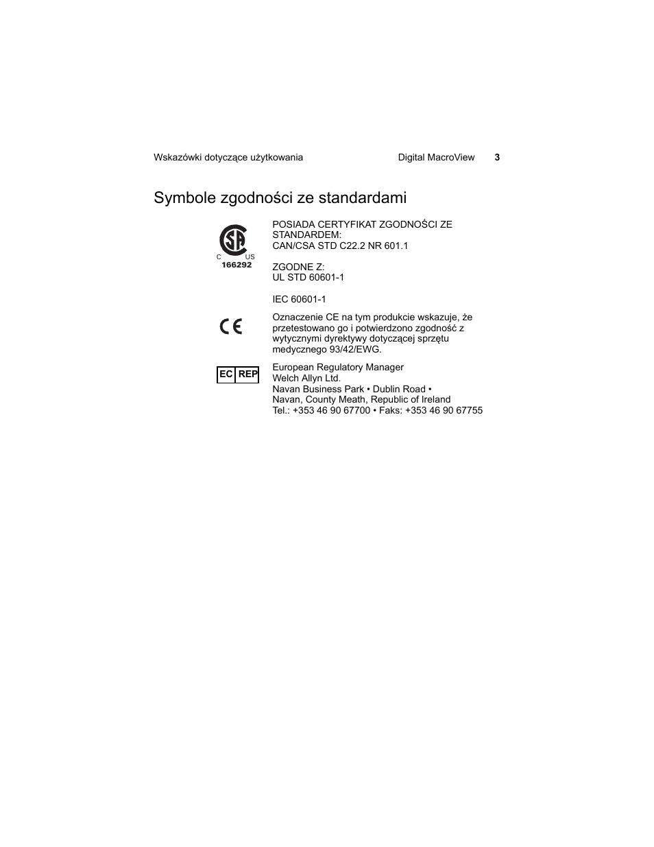 Symbole zgodnoœci ze standardami, Symbole zgodności ze standardami | Welch Allyn Digital MacroView Otoscope - User Manual User Manual | Page 397 / 476