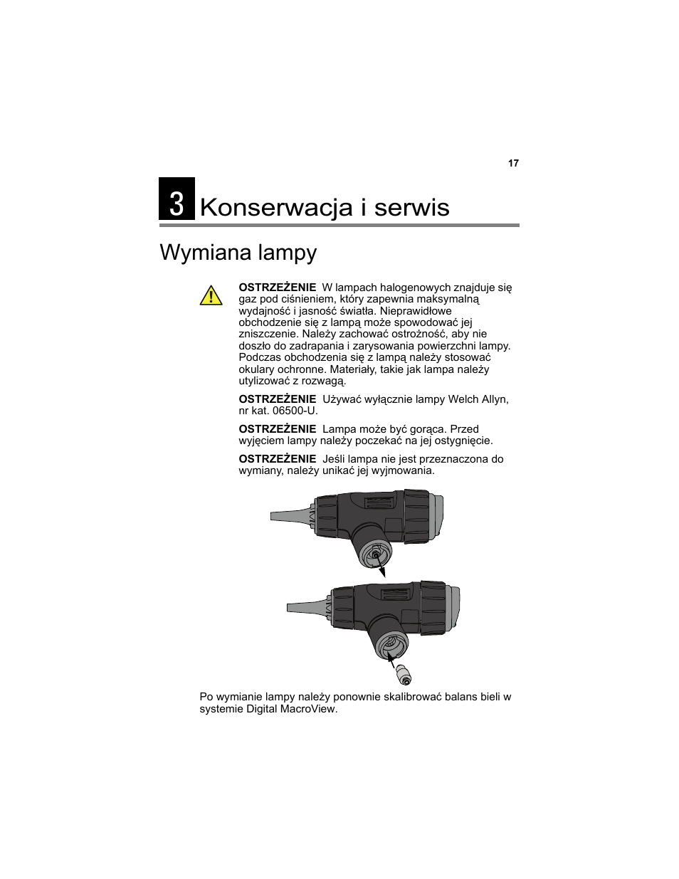 Konserwacja i serwis, Wymiana lampy, 3 konserwacja i serwis | Welch Allyn Digital MacroView Otoscope - User Manual User Manual | Page 411 / 476