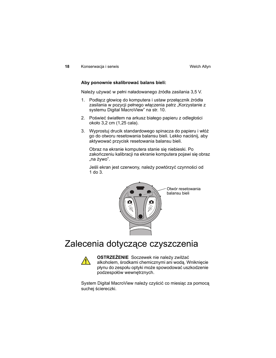 Zalecenia dotycz¶ce czyszczenia, Zalecenia dotyczące czyszczenia | Welch Allyn Digital MacroView Otoscope - User Manual User Manual | Page 412 / 476