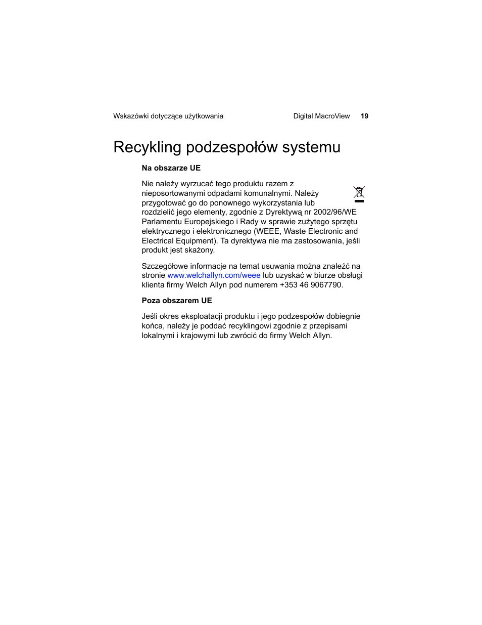 Recykling podzespo¸ów systemu, Recykling podzespołów systemu | Welch Allyn Digital MacroView Otoscope - User Manual User Manual | Page 413 / 476