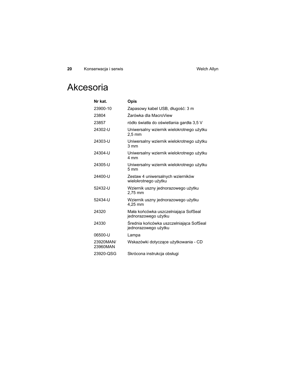 Akcesoria | Welch Allyn Digital MacroView Otoscope - User Manual User Manual | Page 414 / 476