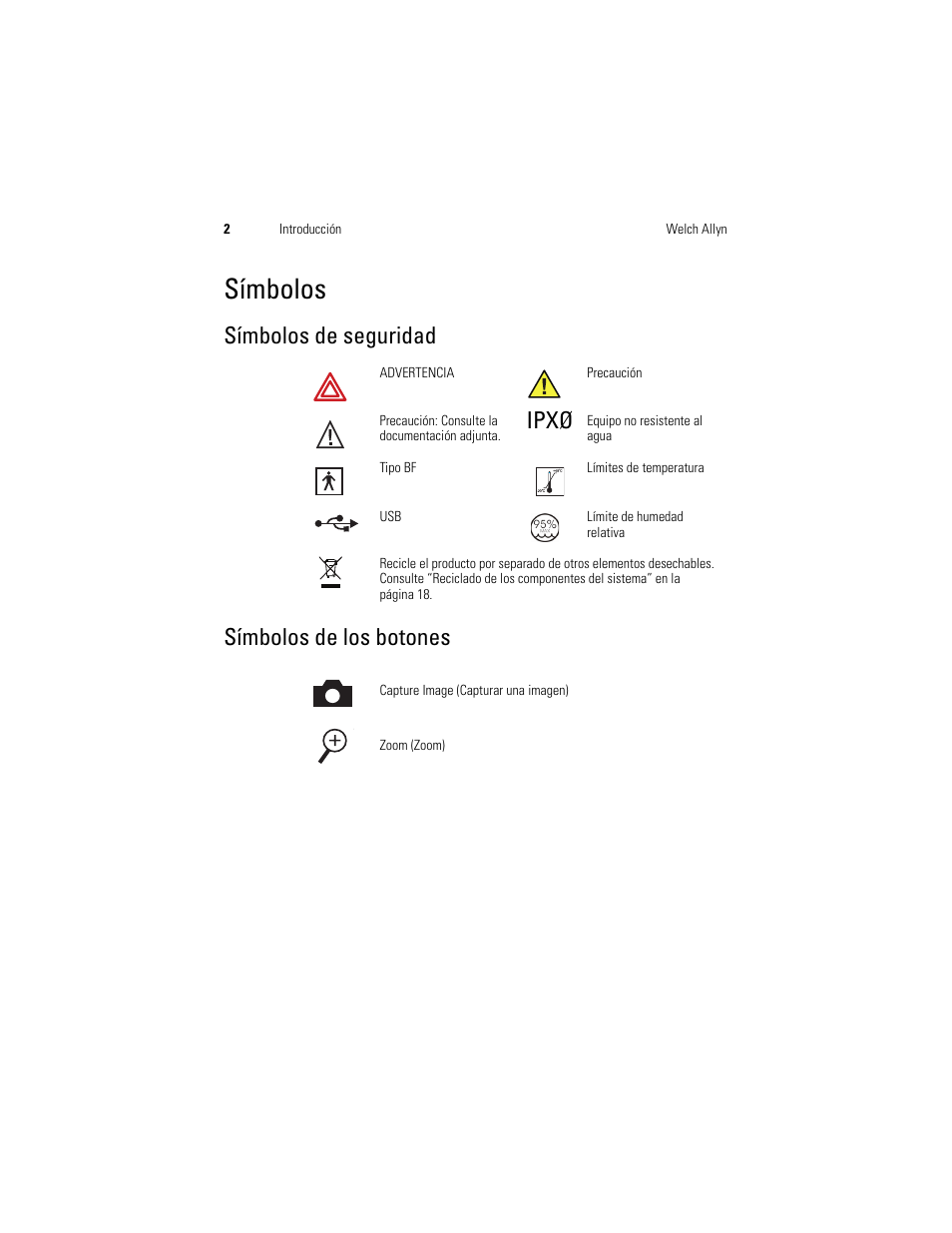 Símbolos, Símbolos de seguridad, Ipxø | Símbolos de los botones, Símbolos de seguridad símbolos de los botones | Welch Allyn Digital MacroView Otoscope - User Manual User Manual | Page 42 / 476