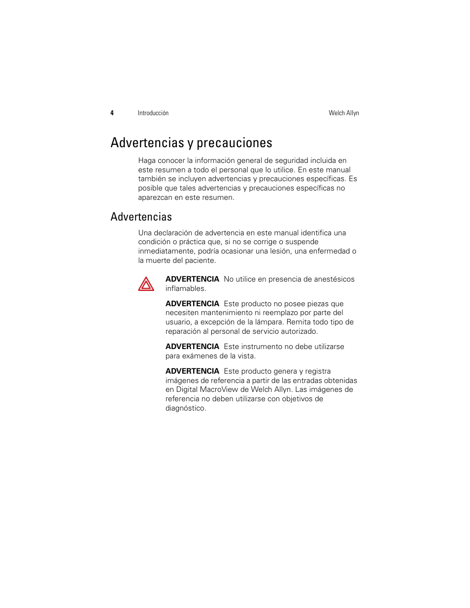 Advertencias y precauciones, Advertencias | Welch Allyn Digital MacroView Otoscope - User Manual User Manual | Page 44 / 476