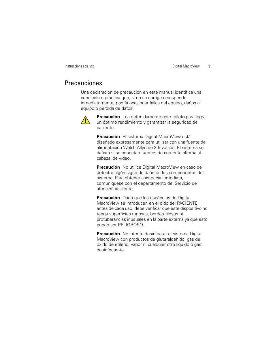 Precauciones | Welch Allyn Digital MacroView Otoscope - User Manual User Manual | Page 45 / 476