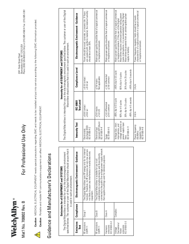 Guidance and manufacturer’s declarations, For professional use only, Guidance and manufacturer’ s declarations | Welch Allyn Digital MacroView Otoscope - User Manual User Manual | Page 473 / 476