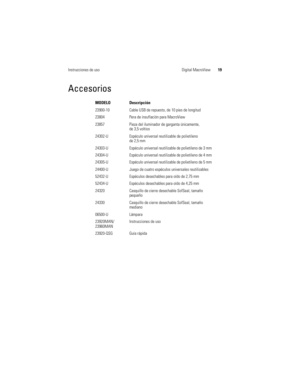 Accesorios | Welch Allyn Digital MacroView Otoscope - User Manual User Manual | Page 59 / 476