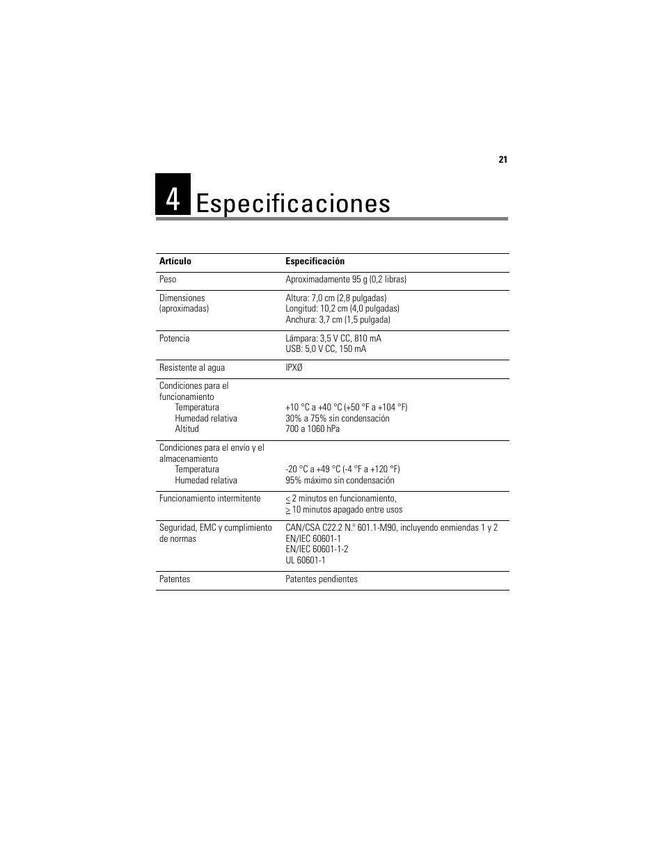 Especificaciones | Welch Allyn Digital MacroView Otoscope - User Manual User Manual | Page 61 / 476