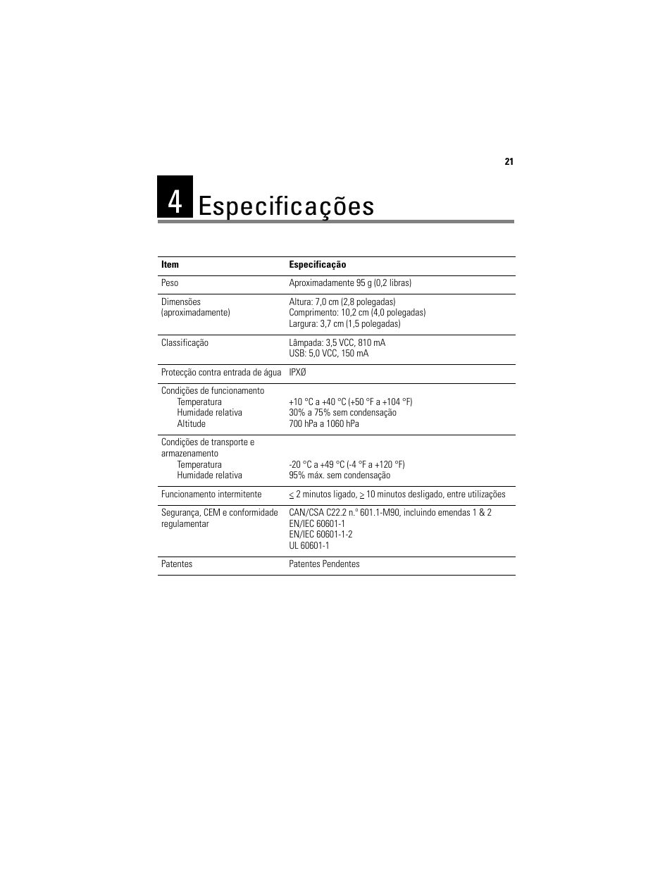 Especificações | Welch Allyn Digital MacroView Otoscope - User Manual User Manual | Page 93 / 476