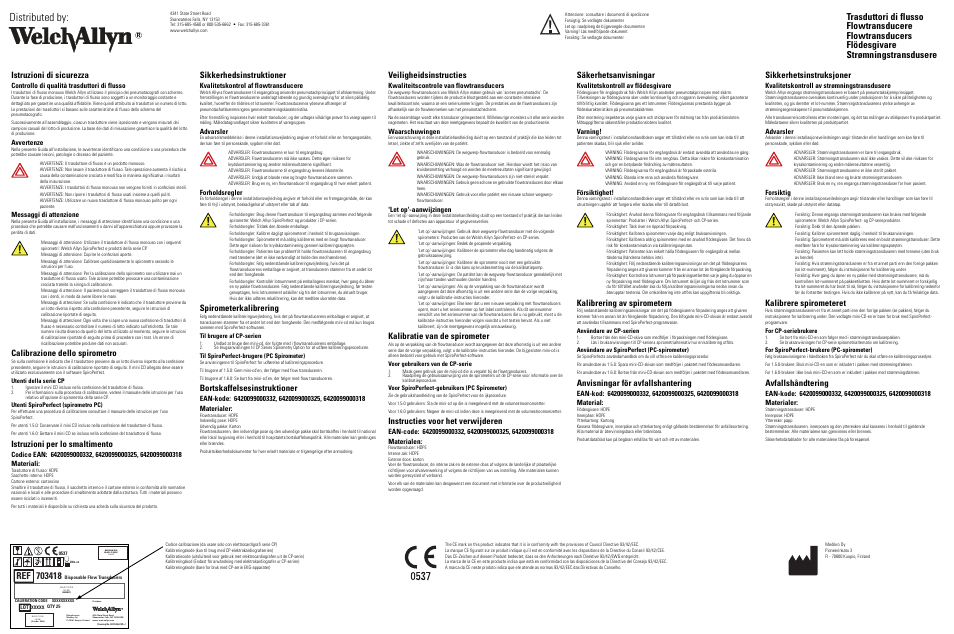 Trasduttori di flusso, Flowtransducere, Flowtransducers | Flödesgivare, Strømningstransdusere, Istruzioni di sicurezza, Controllo di qualità trasduttori di flusso, Avvertenze, Messaggi di attenzione, Calibrazione dello spirometro | Welch Allyn Disp Flow Xducer Tubes, 4 Pk, Cardio Perfect Work Station (CPWS), CP200 - Safety Instructions User Manual | Page 2 / 2