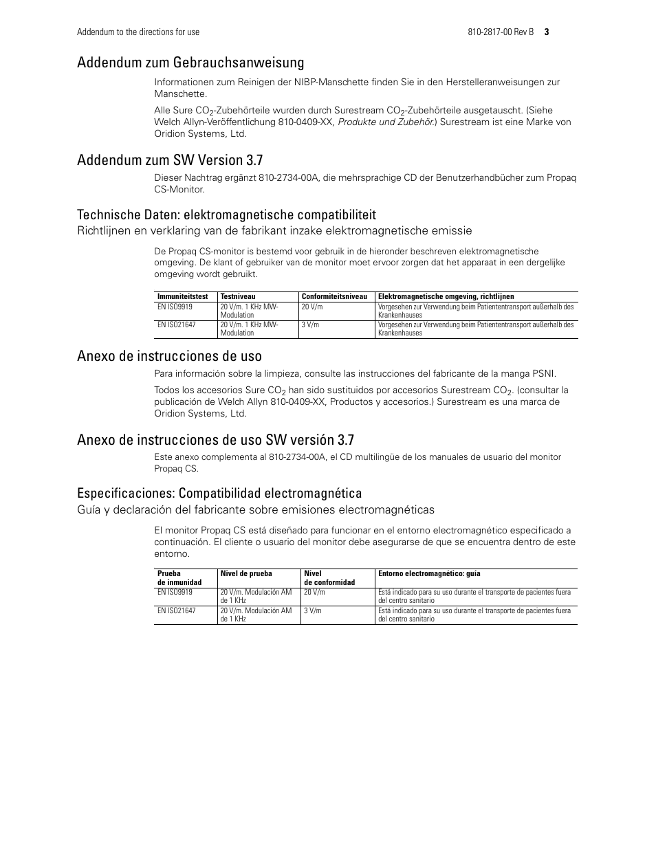 Anexo de instrucciones de uso, Addendum zum gebrauchsanweisung, Addendum zum sw version 3.7 | Anexo de instrucciones de uso sw versión 3.7, Especificaciones: compatibilidad electromagnética | Welch Allyn Smartlink Event Pro SW Version: 4.10 Is Releasing and Shipping Addendum - User Manual User Manual | Page 3 / 6