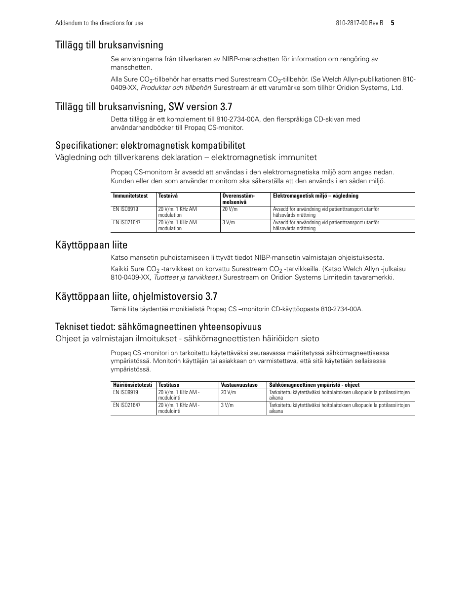 Tillägg till bruksanvisning, Käyttöppaan liite, Tillägg till bruksanvisning, sw version 3.7 | Käyttöppaan liite, ohjelmistoversio 3.7, Specifikationer: elektromagnetisk kompatibilitet, Tekniset tiedot: sähkömagneettinen yhteensopivuus | Welch Allyn Smartlink Event Pro SW Version: 4.10 Is Releasing and Shipping Addendum - User Manual User Manual | Page 5 / 6