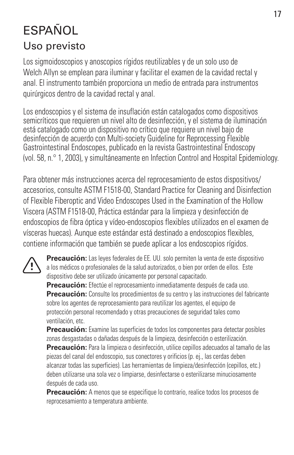 Español, Uso previsto | Welch Allyn Rigid Reusable & Single Use Sigmoidoscopes, Anoscopes and Accessories - User Manual User Manual | Page 19 / 82