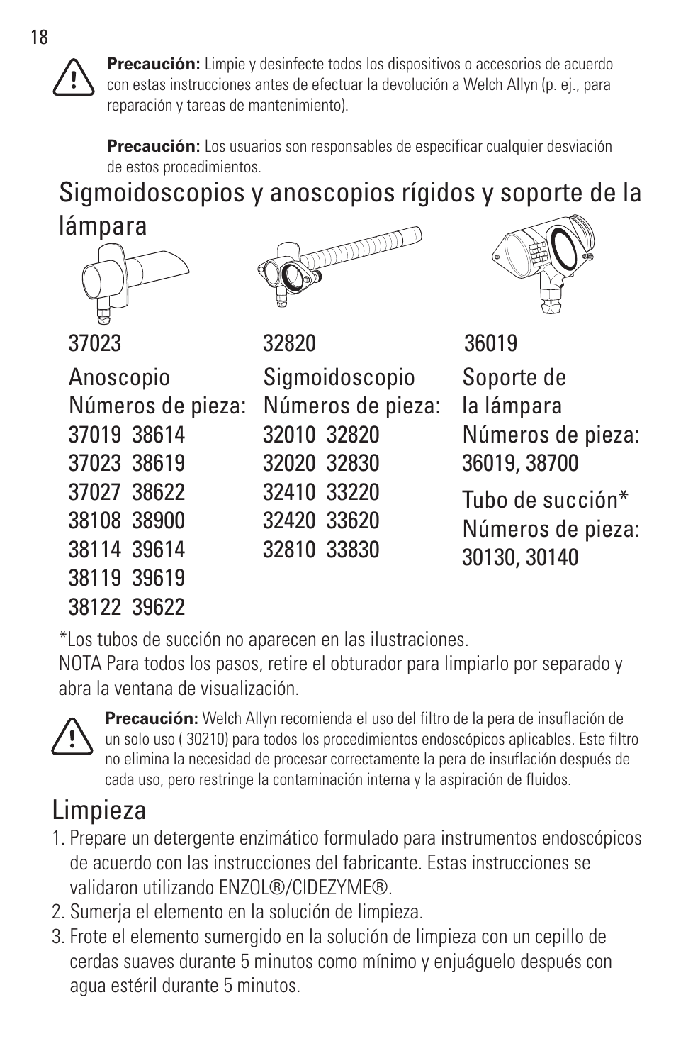 Limpieza | Welch Allyn Rigid Reusable & Single Use Sigmoidoscopes, Anoscopes and Accessories - User Manual User Manual | Page 20 / 82