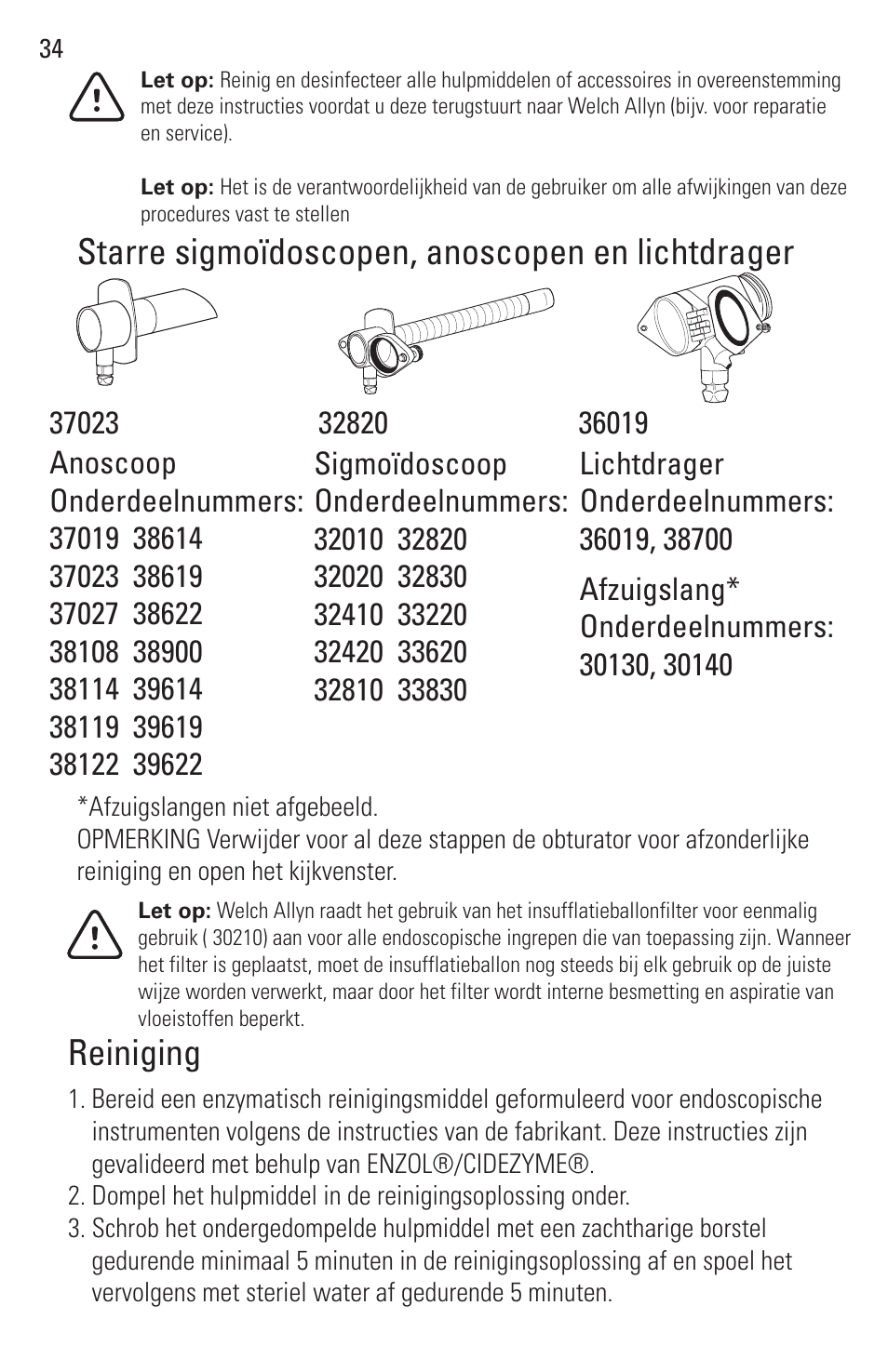 Starre sigmoïdoscopen, anoscopen en lichtdrager, Reiniging | Welch Allyn Rigid Reusable & Single Use Sigmoidoscopes, Anoscopes and Accessories - User Manual User Manual | Page 36 / 82