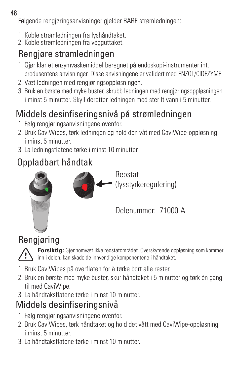 Oppladbart håndtak, Rengjøring middels desinfiseringsnivå | Welch Allyn Rigid Reusable & Single Use Sigmoidoscopes, Anoscopes and Accessories - User Manual User Manual | Page 50 / 82