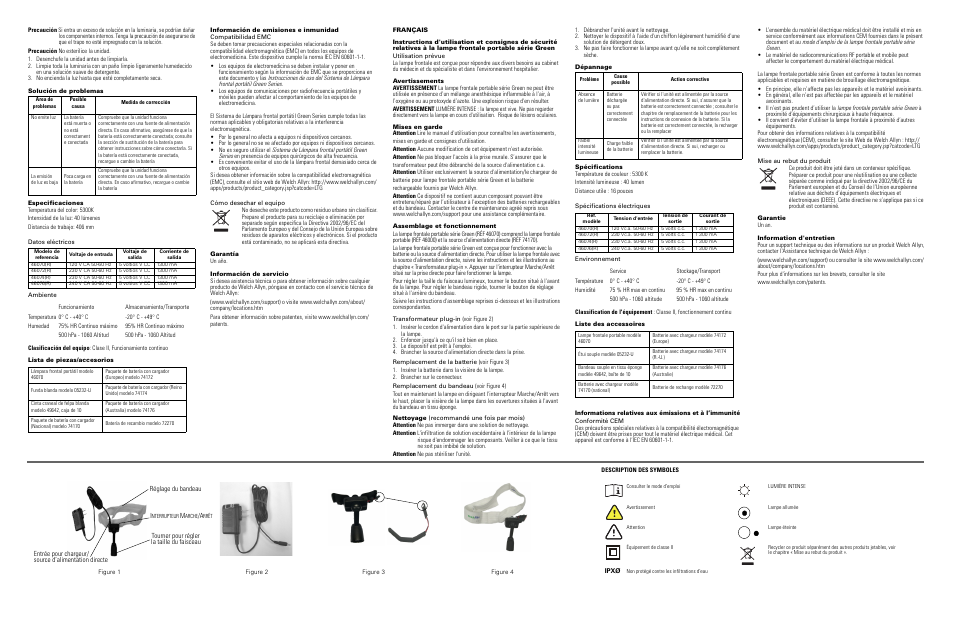 Solución de problemas, Especificaciones, Lista de piezas/accesorios | Información de emisiones e inmunidad, Garantía, Información de servicio, Français, Avertissements, Mises en garde, Assemblage et fonctionnement | Welch Allyn Green Series Portable Headlight System - User Manual User Manual | Page 2 / 8