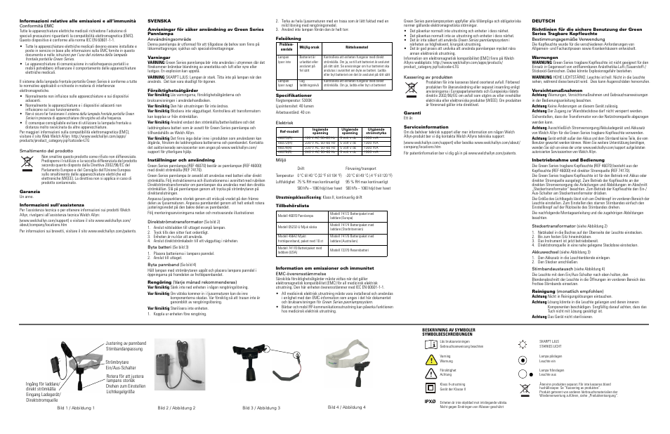 Garanzia, Informazioni sull'assistenza, Svenska | Varningar, Försiktighetsåtgärder, Inställningar och användning, Direktströmstransformator (se bild 2), Felsökning, Specifikationer, Tillbehörslista | Welch Allyn Green Series Portable Headlight System - User Manual User Manual | Page 4 / 8