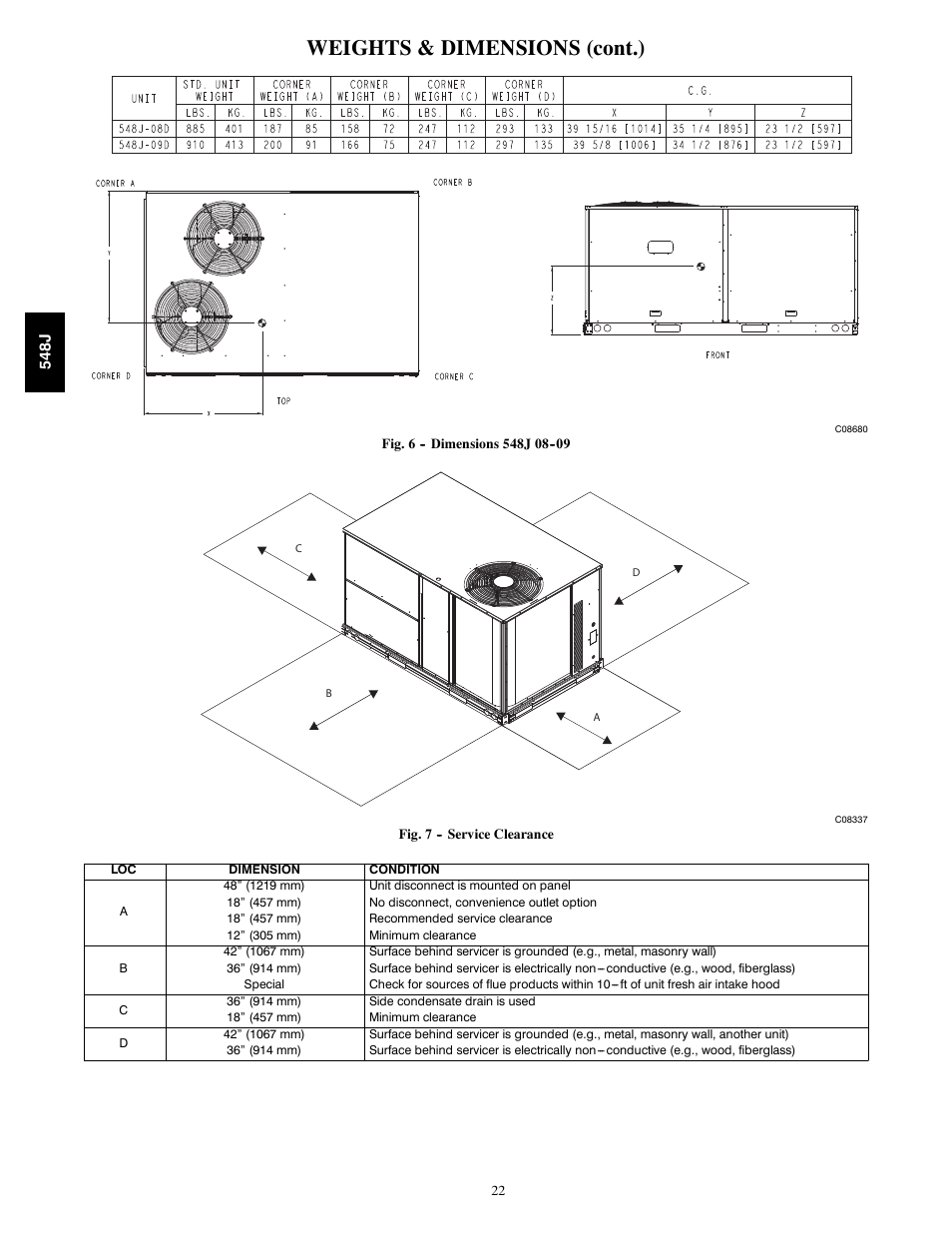 Weights & dimensions (cont.) | Bryant PACKAGED HEAT PUMP 548J User Manual | Page 22 / 76