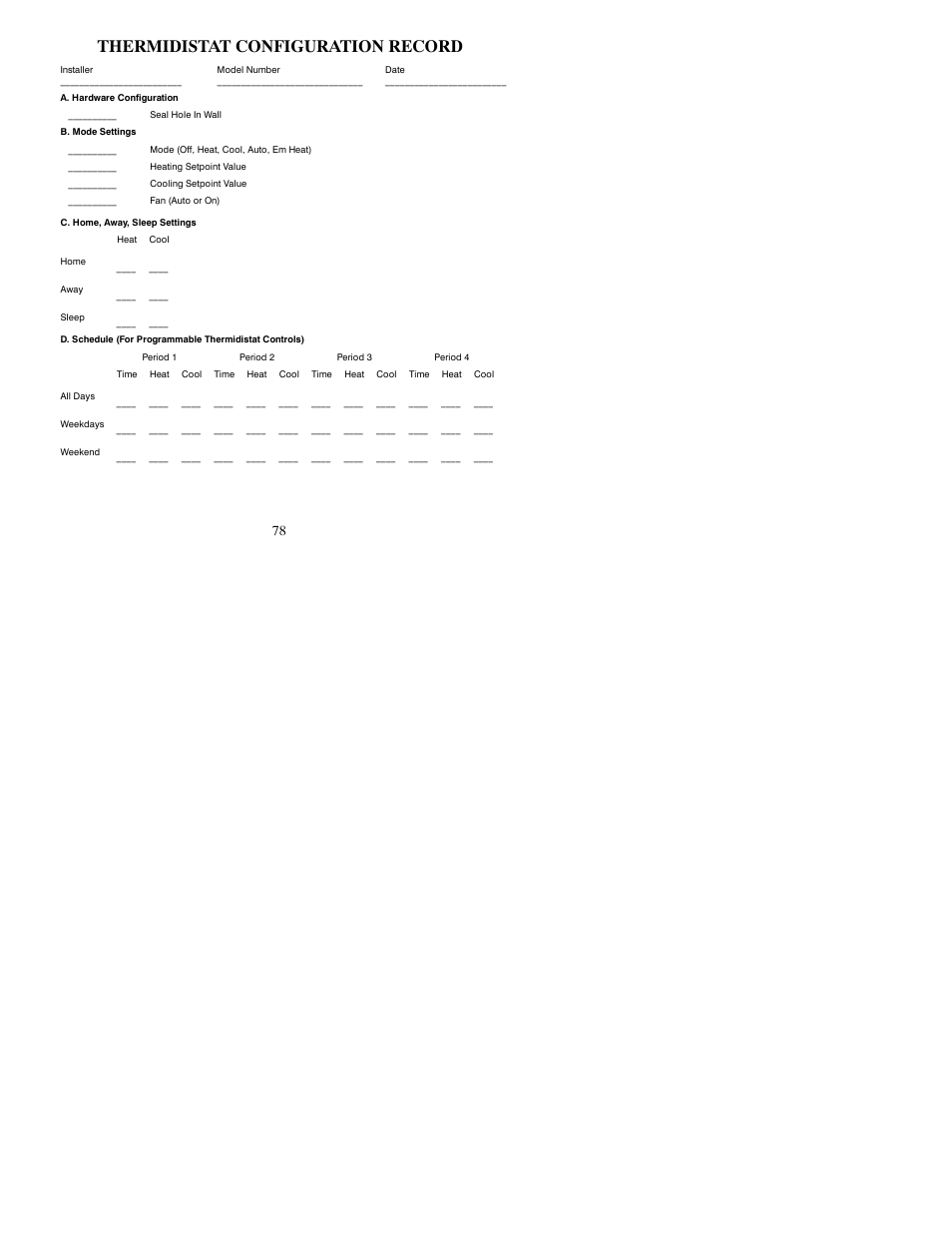 Thermidistat configuration record | Bryant PREFERREDT A07045 User Manual | Page 78 / 80