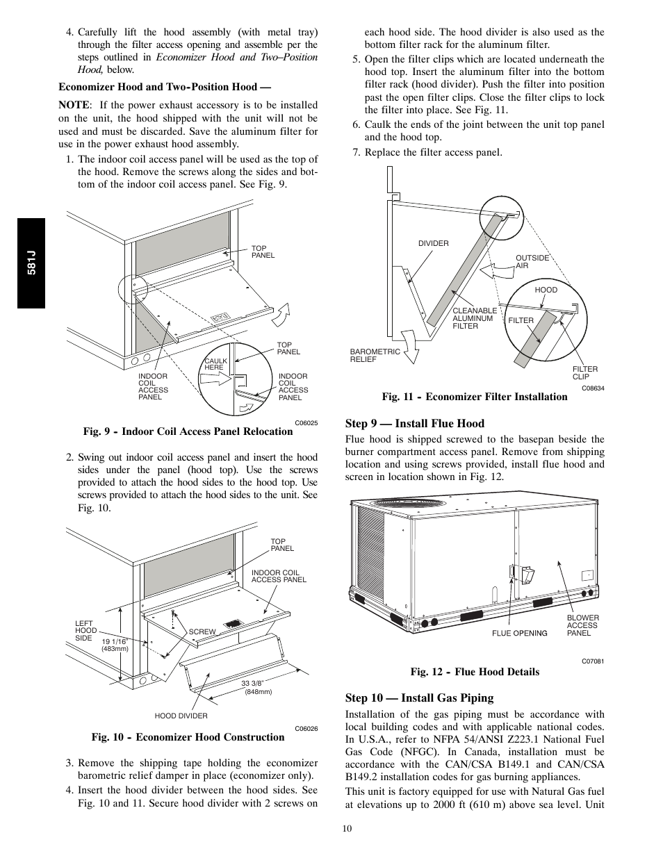 Step 9 — install flue hood, Step 10 — install gas piping | Bryant PURON 581J User Manual | Page 10 / 40