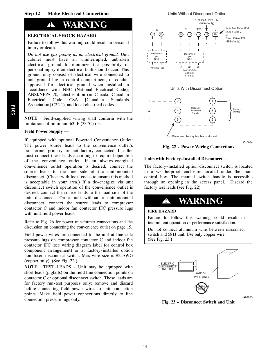 Warning, Step 12 — make electrical connections | Bryant PURON 581J User Manual | Page 14 / 40