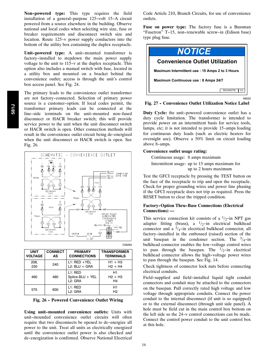 Notice, Convenience outlet utilization | Bryant PURON 581J User Manual | Page 16 / 40