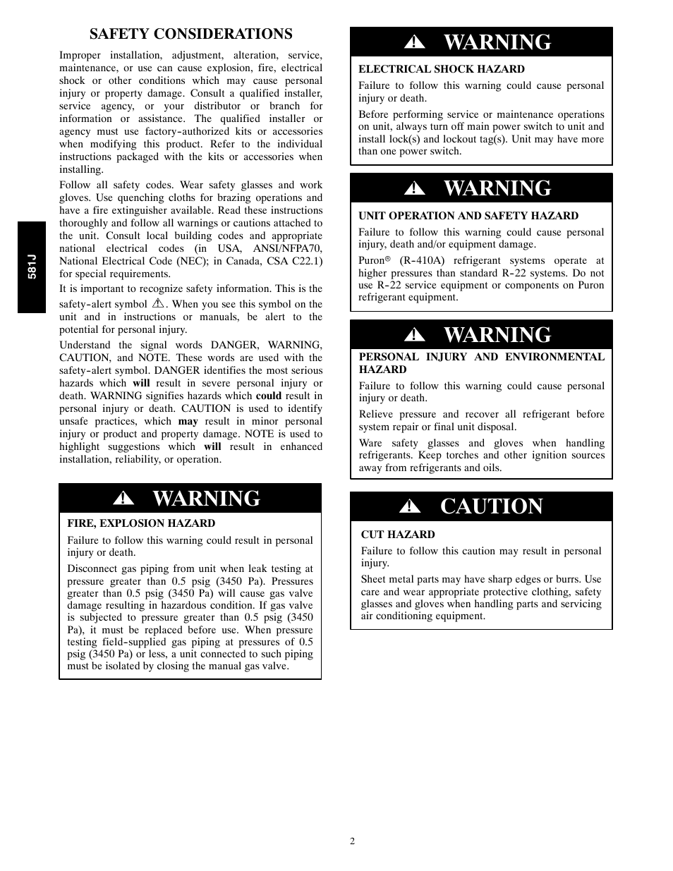 Warning, Caution, Safety considerations | Bryant PURON 581J User Manual | Page 2 / 40