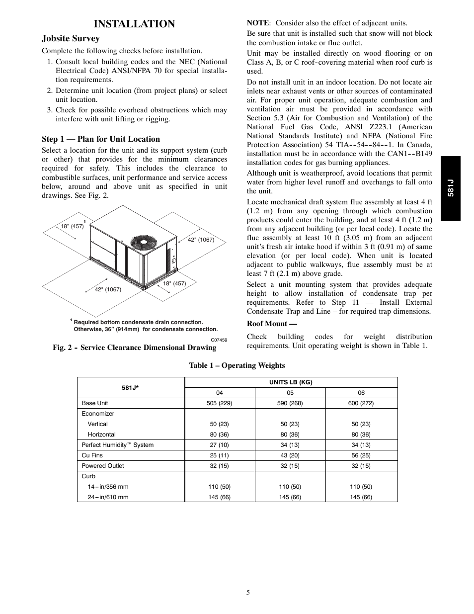 Installation, Jobsite survey, Step 1 — plan for unit location | Bryant PURON 581J User Manual | Page 5 / 40