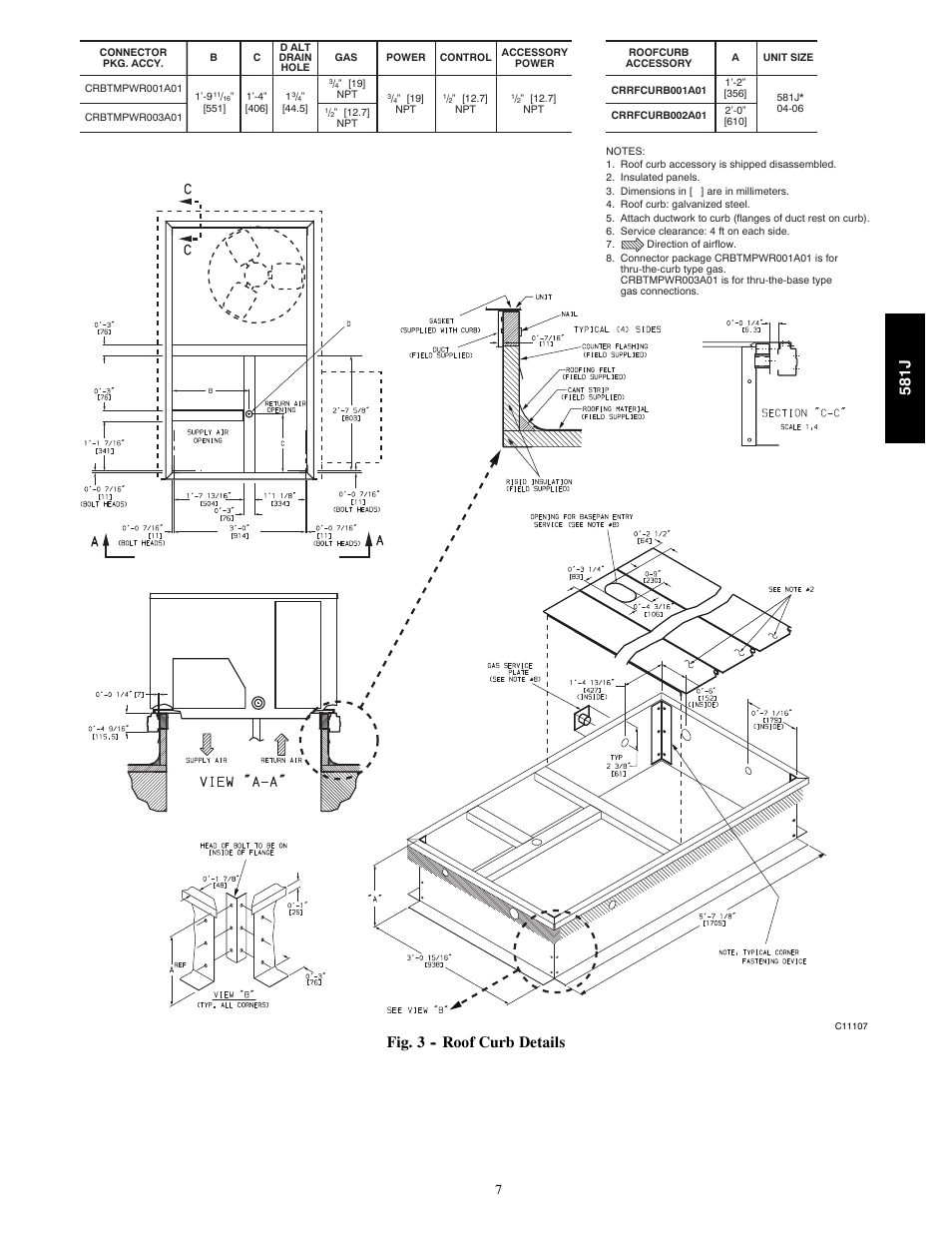 Fig. 3 -- roof curb details 581j | Bryant PURON 581J User Manual | Page 7 / 40