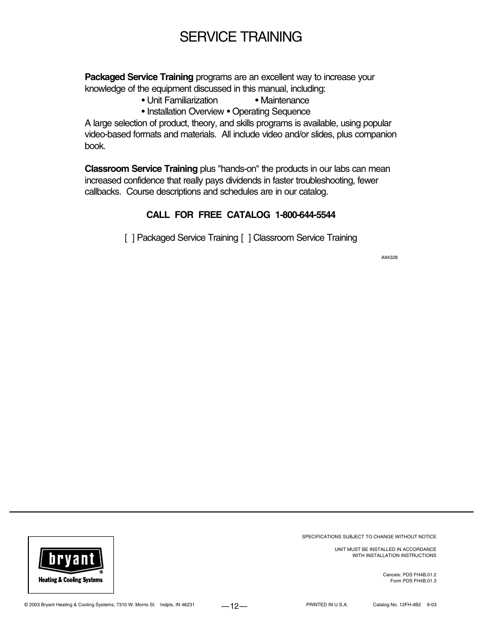Service training | Bryant FAN UNIT FH4B User Manual | Page 12 / 12