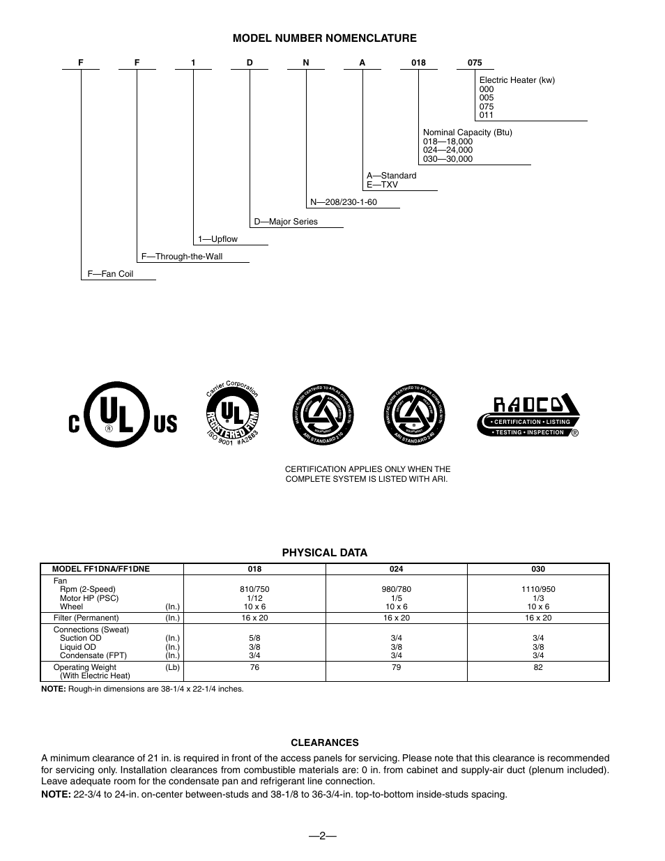 2— model number nomenclature, Physical data | Bryant FAN COIL UNITS FF1DNA User Manual | Page 2 / 8