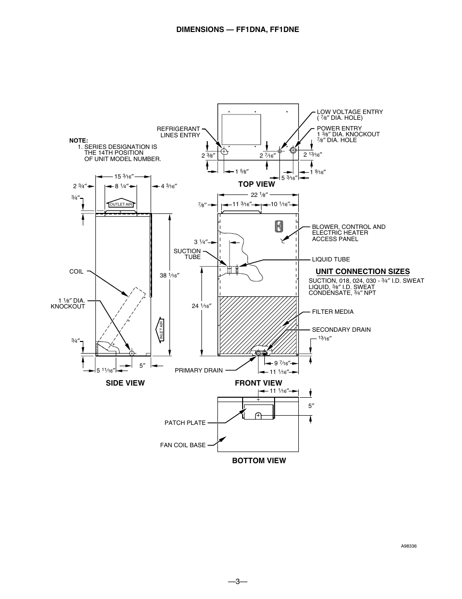 3— dimensions — ff1dna, ff1dne, Side view front view top view bottom view, Unit connection sizes | Bryant FAN COIL UNITS FF1DNA User Manual | Page 3 / 8