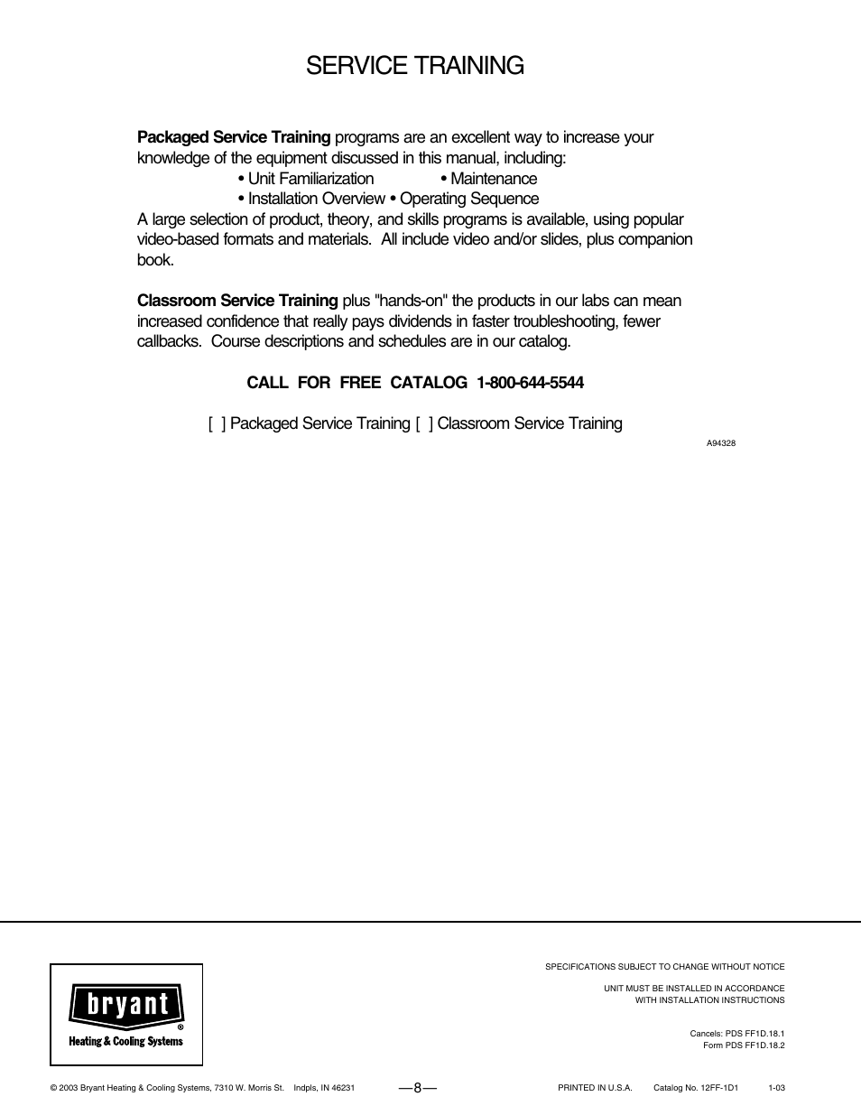 Service training | Bryant FAN COIL UNITS FF1DNA User Manual | Page 8 / 8